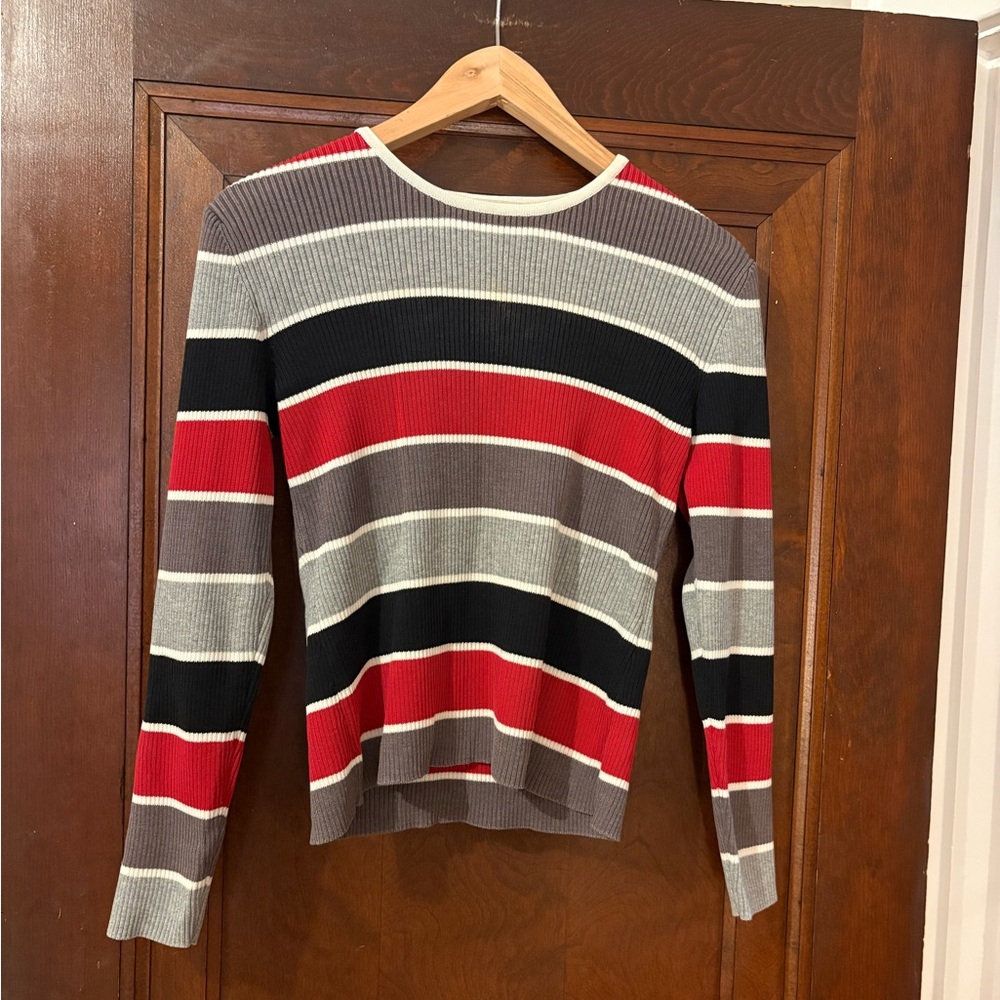 Red and Grey Striped Ribbed Sweater